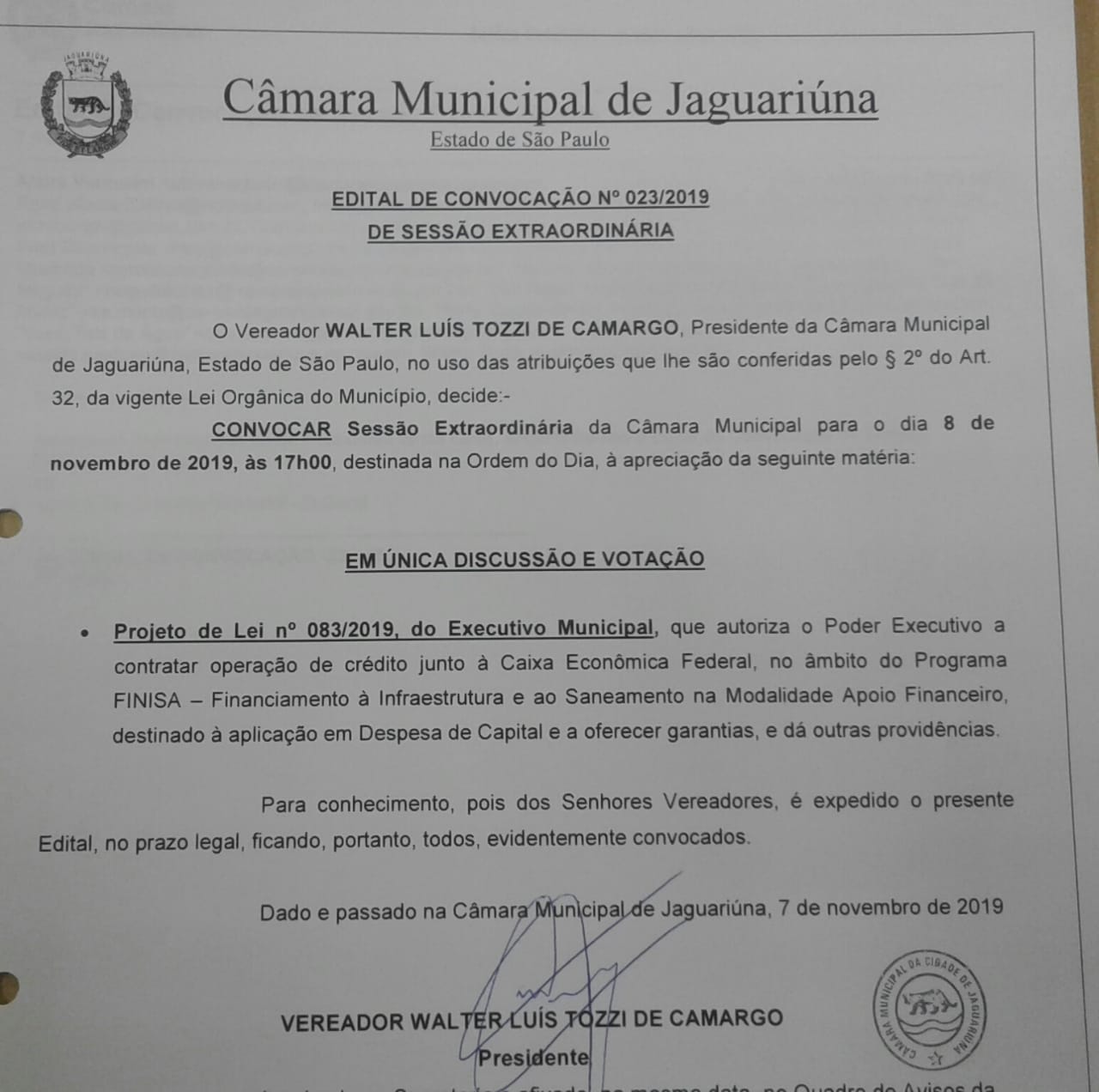 Câmara realiza sessão extraordinária, nesta sexta-feira (8), para votar projeto do Poder Executivo
