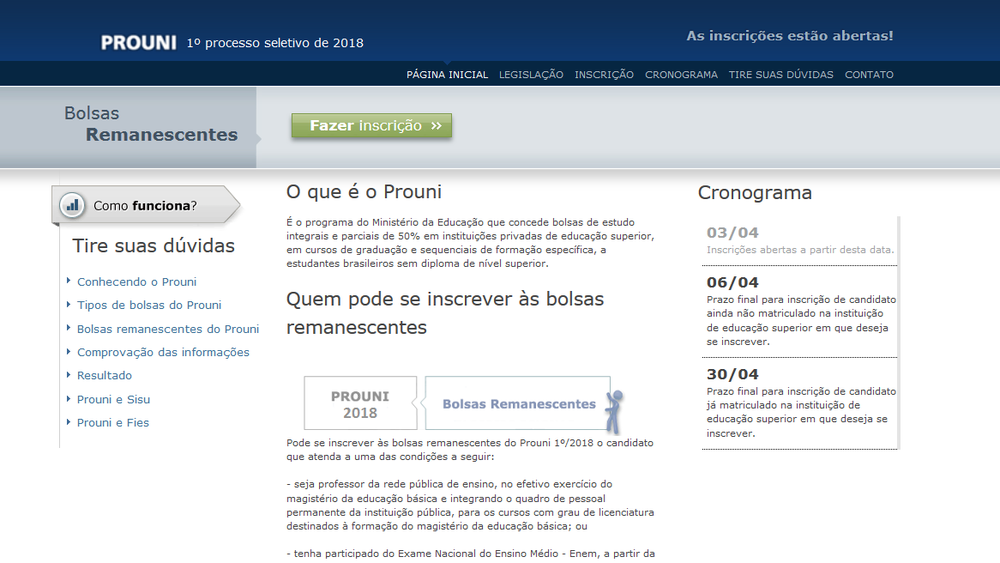 Prouni 2018: inscrições para vagas remanescentes estão abertas